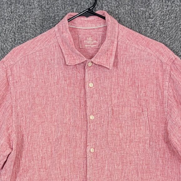 M&S Collection Shirt Mens Large Red 100% Linen Short Sleeve Casual Button Up - Picture 2 of 13